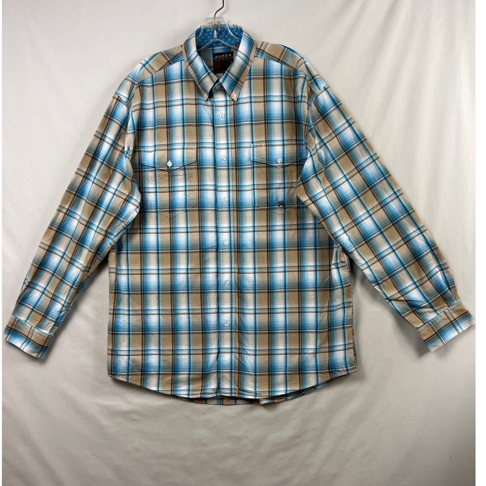 Roper Western Button Down Shirt Mens Large Blue Tan Plaid Cotton Long Sleeve
